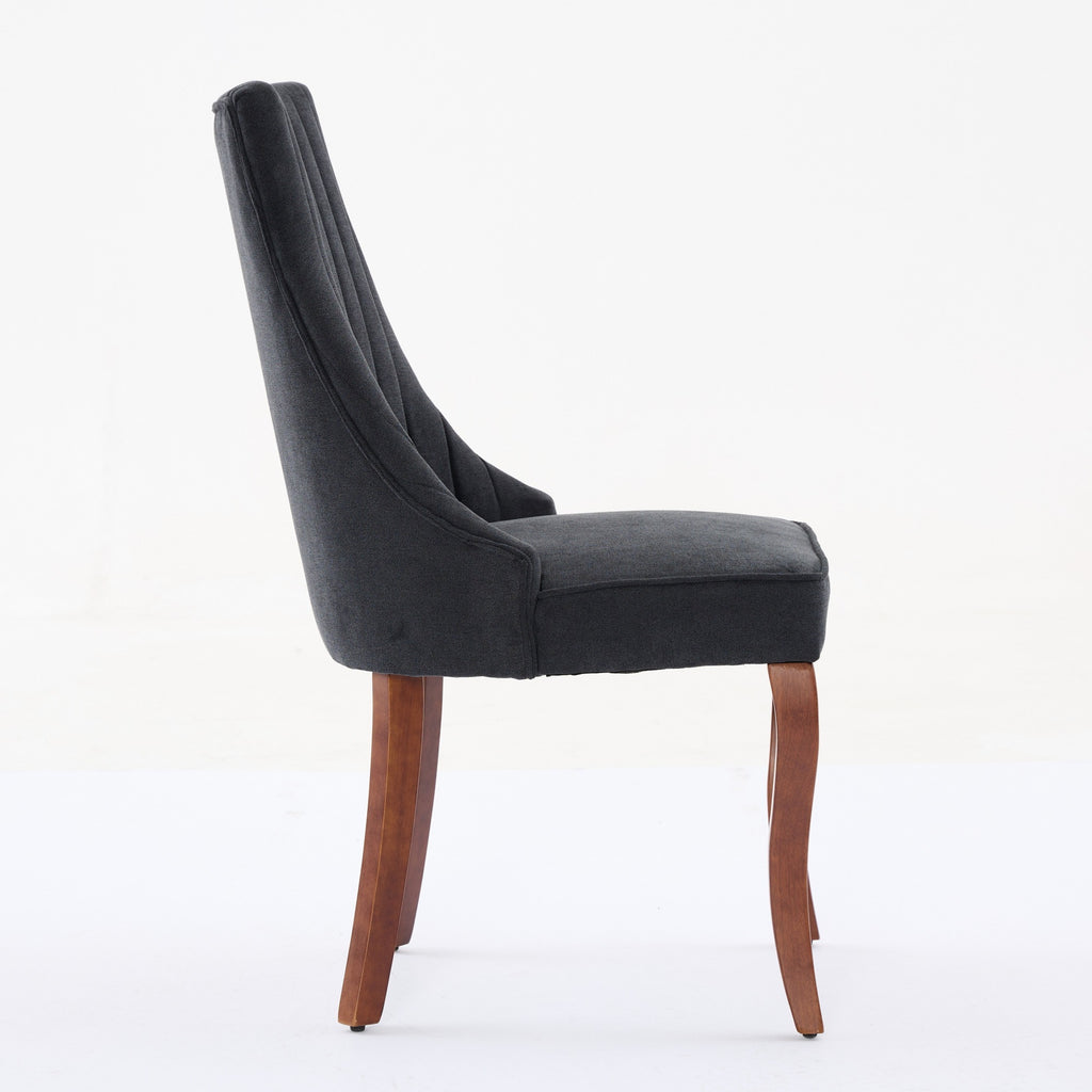 Rayon Cloth Flocking Linen Dining Chairs Channel Kitchen Dinner Chair Comfy Fabric Upholstered Accent Chair For Dining Room With Curved Solid Wood Legs,Set Of 2 Black, SW1847BK