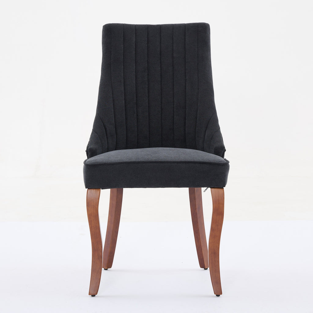 Rayon Cloth Flocking Linen Dining Chairs Channel Kitchen Dinner Chair Comfy Fabric Upholstered Accent Chair For Dining Room With Curved Solid Wood Legs,Set Of 2 Black, SW1847BK