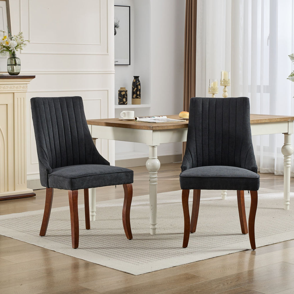 Rayon Cloth Flocking Linen Dining Chairs Channel Kitchen Dinner Chair Comfy Fabric Upholstered Accent Chair For Dining Room With Curved Solid Wood Legs,Set Of 2 Black, SW1847BK